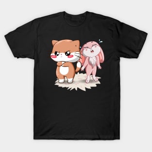 White Brown Cat with Cute Baby Pink Rabbit T-Shirt